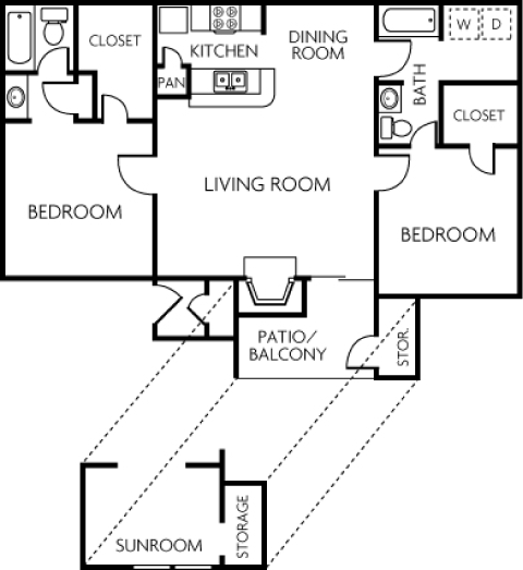 2 bed 2 bath floorplan at Trinity Apartments, Irving, TX, 75061